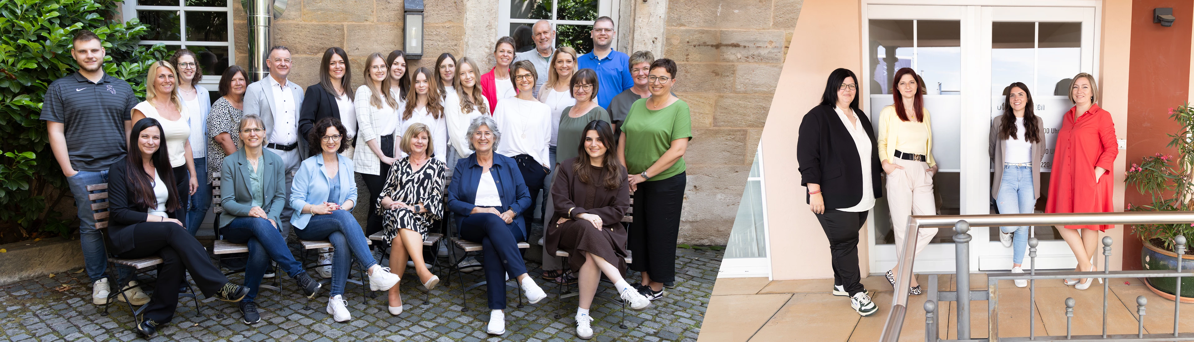 Alle Mitarbeiter von Kann+Partner vor der Kanzlei in Scheßlitz und vor der Kanzlei in Bamberg