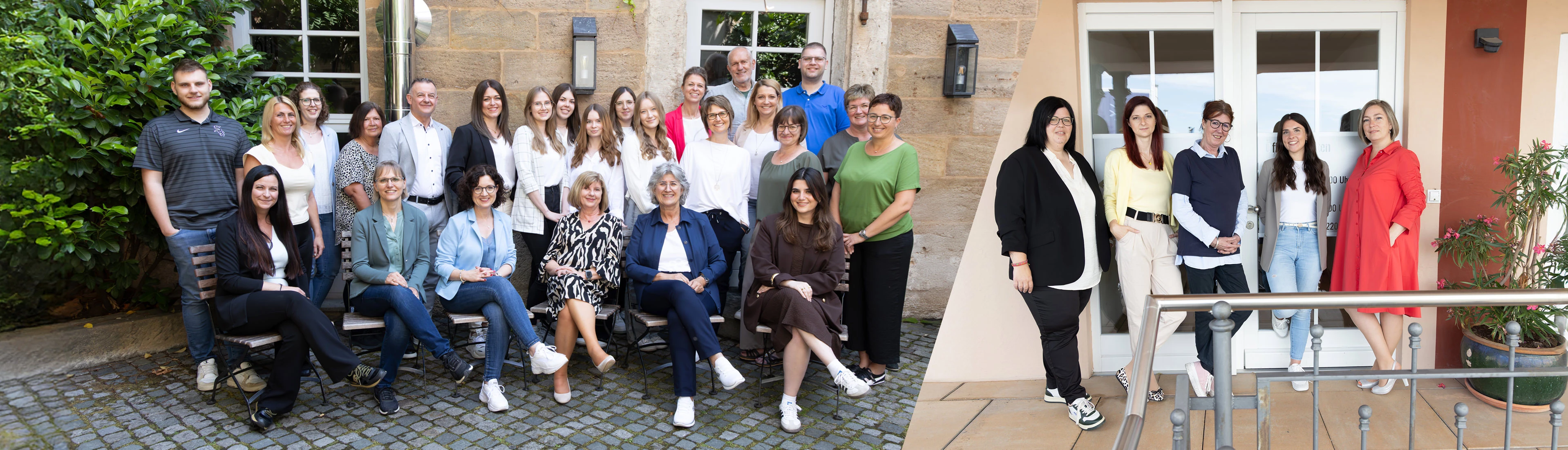 Alle Mitarbeiter von Kann+Partner vor der Kanzlei in Scheßlitz und vor der Kanzlei in Bamberg